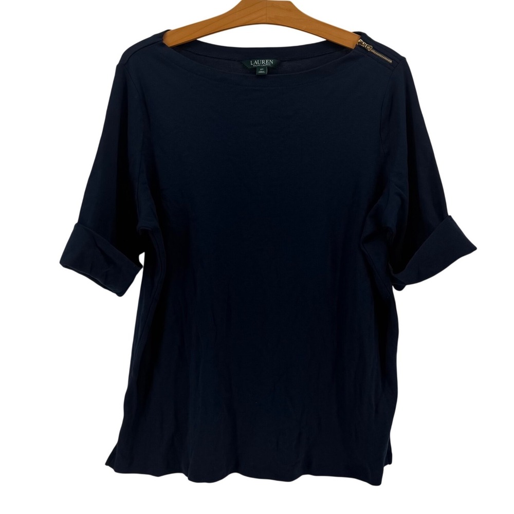 Lauren Ralph Lauren Cotton Navy Blue Boat Neck Shoulder Zip Top Women 2X